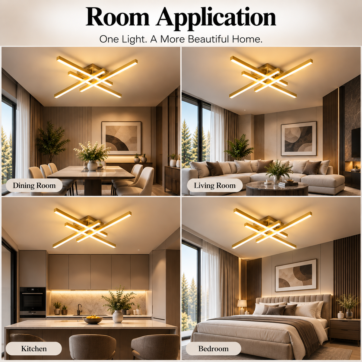 Plafonieră LED aurie cu 4 lumini, 66 W, dimabilă, cu telecomandă
