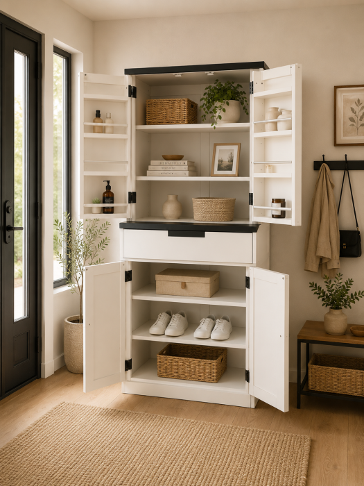 Dulap rustic A11 din lemn, alb sau stejar natural, cu mânere metalice negre, design clasic, 180 cm înălțime