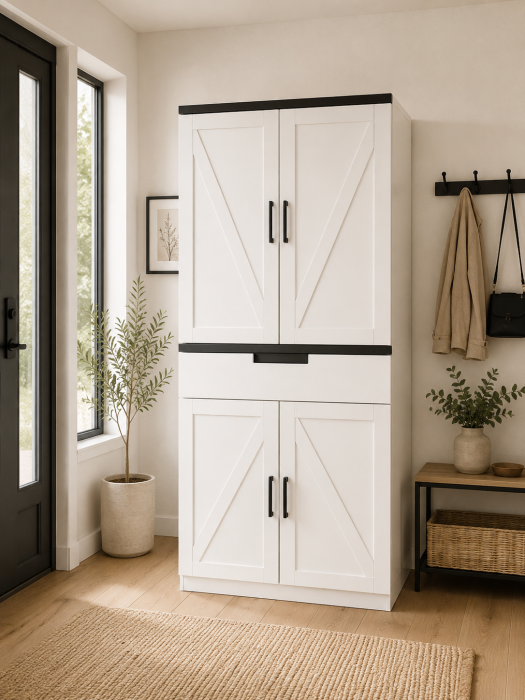 Dulap rustic A11 din lemn, alb sau stejar natural, cu mânere metalice negre, design clasic, 180 cm înălțime