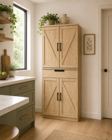 Dulap rustic A11 din lemn, alb sau stejar natural, cu mânere metalice negre, design clasic, 180 cm înălțime