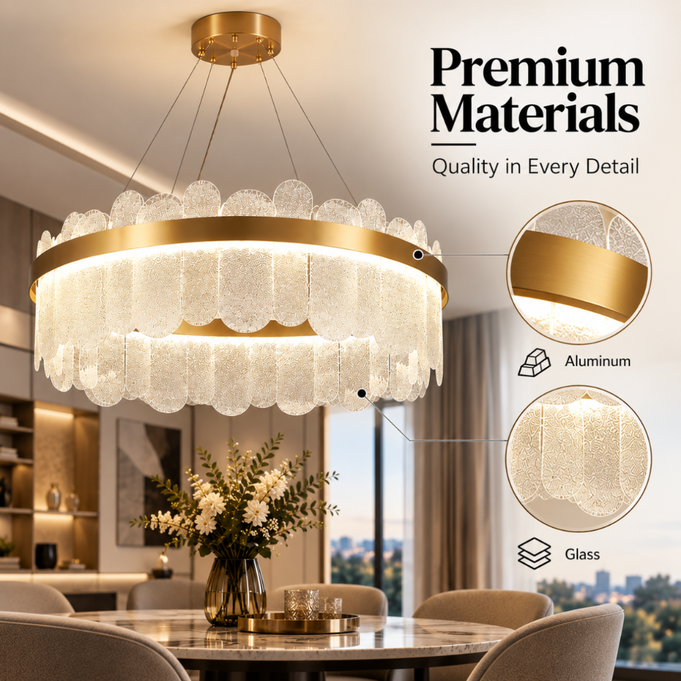 Candelabru LED auriu cu cristale, 45 W, Ø40 cm, 3 culori de lumină