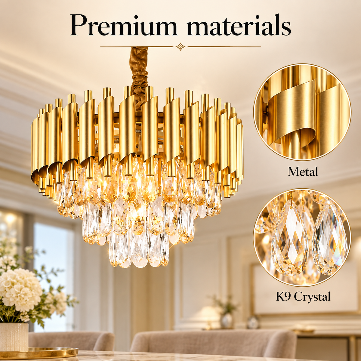Candelabru cu cristale K9, auriu, 40 cm, E27, înălțime reglabilă