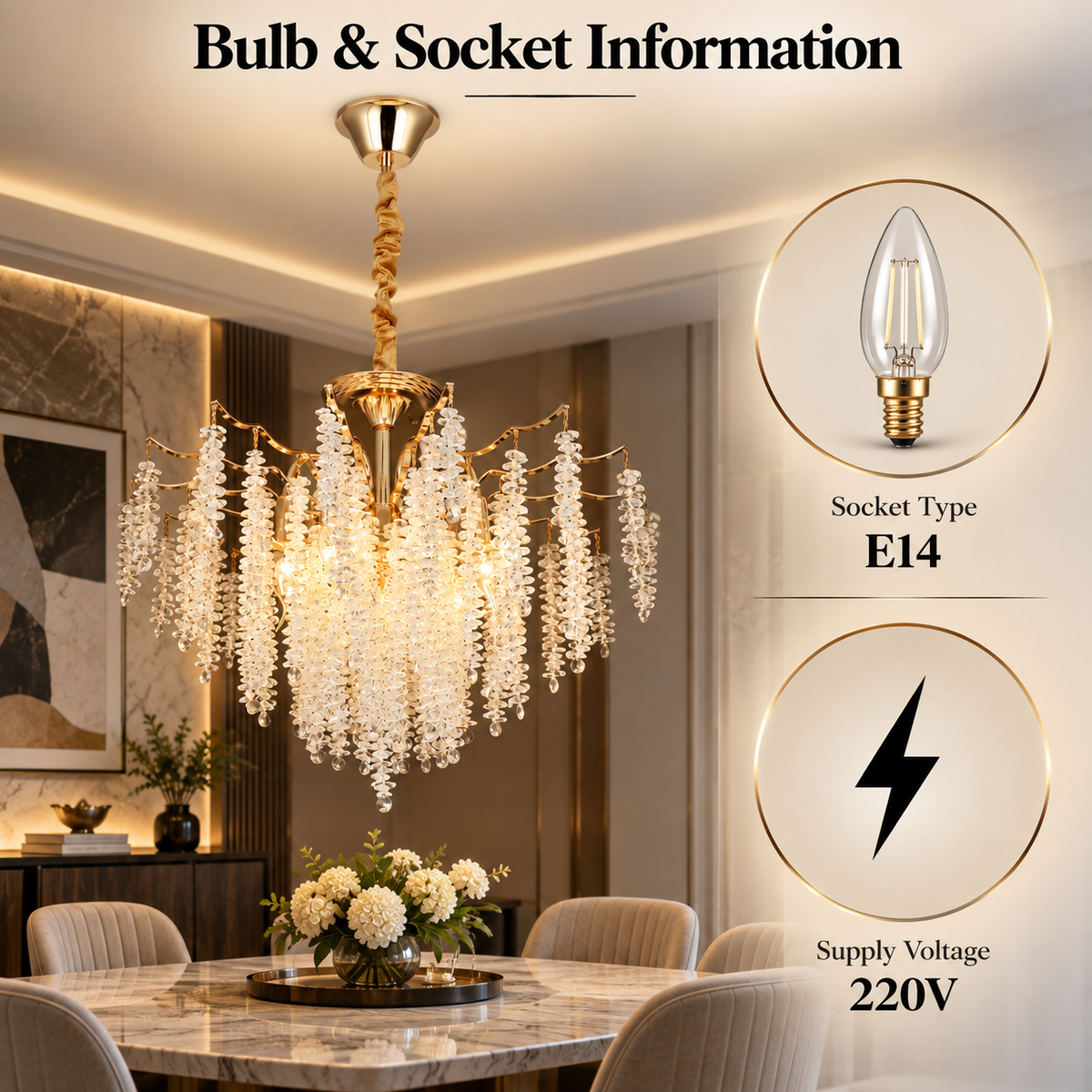 Candelabru auriu din metal și cristal, 7 x E14, Ø50 x 100 cm