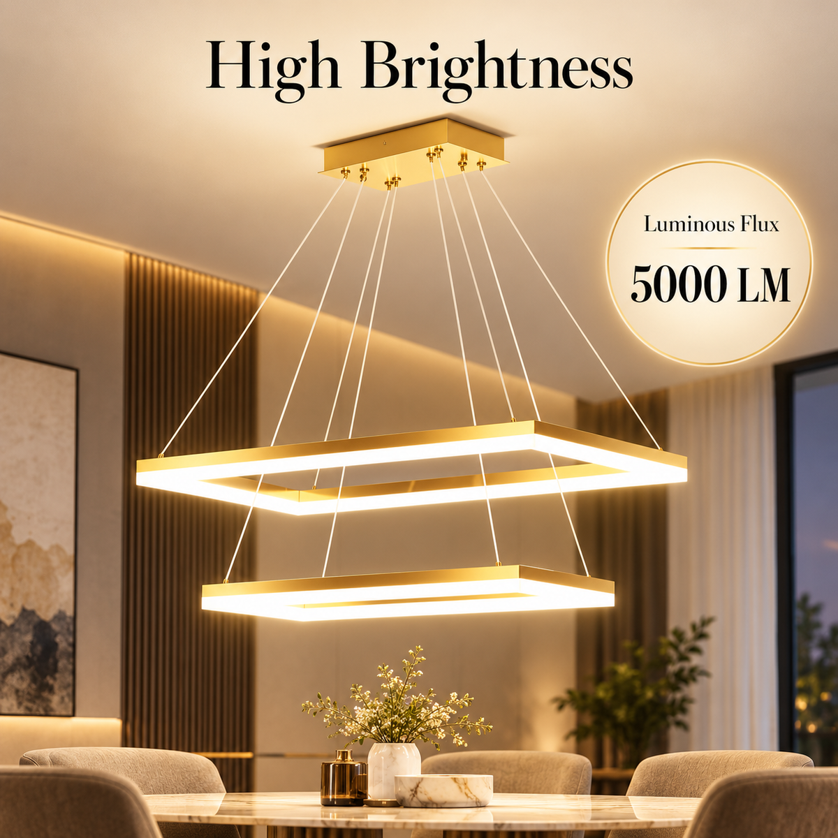 Plafonieră LED pătrată aurie 50+30 cm, Wi-Fi, telecomandă, 3 culori