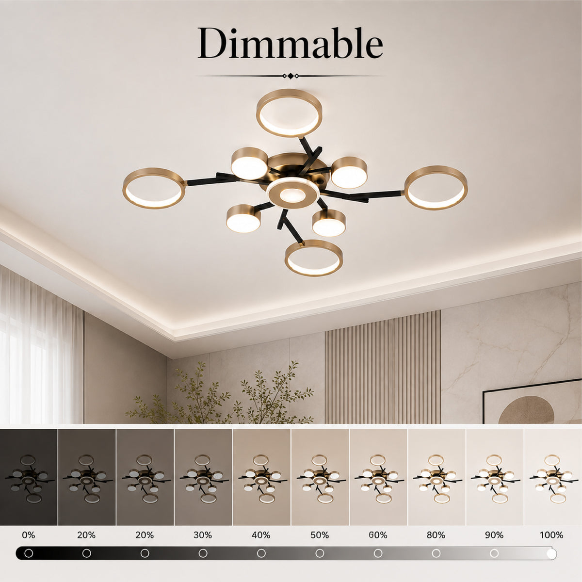 Plafonieră LED dimabilă cu 9 surse, Wi-Fi și telecomandă, 93 cm