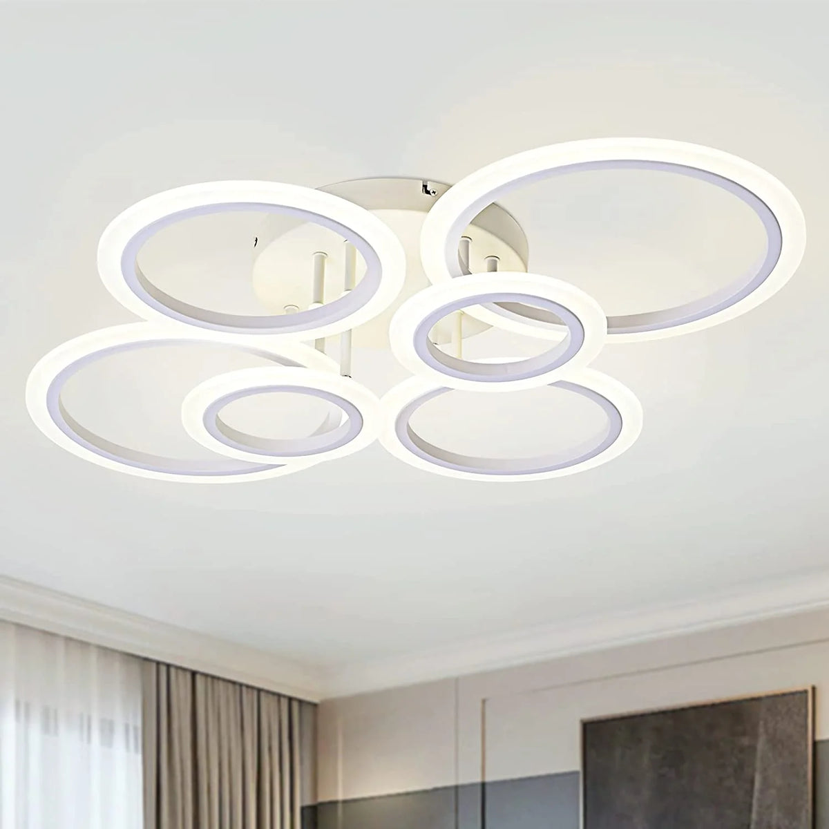 Plafonieră LED 160 W, 6 inele, albă, dimabilă, 3 culori, telecomandă
