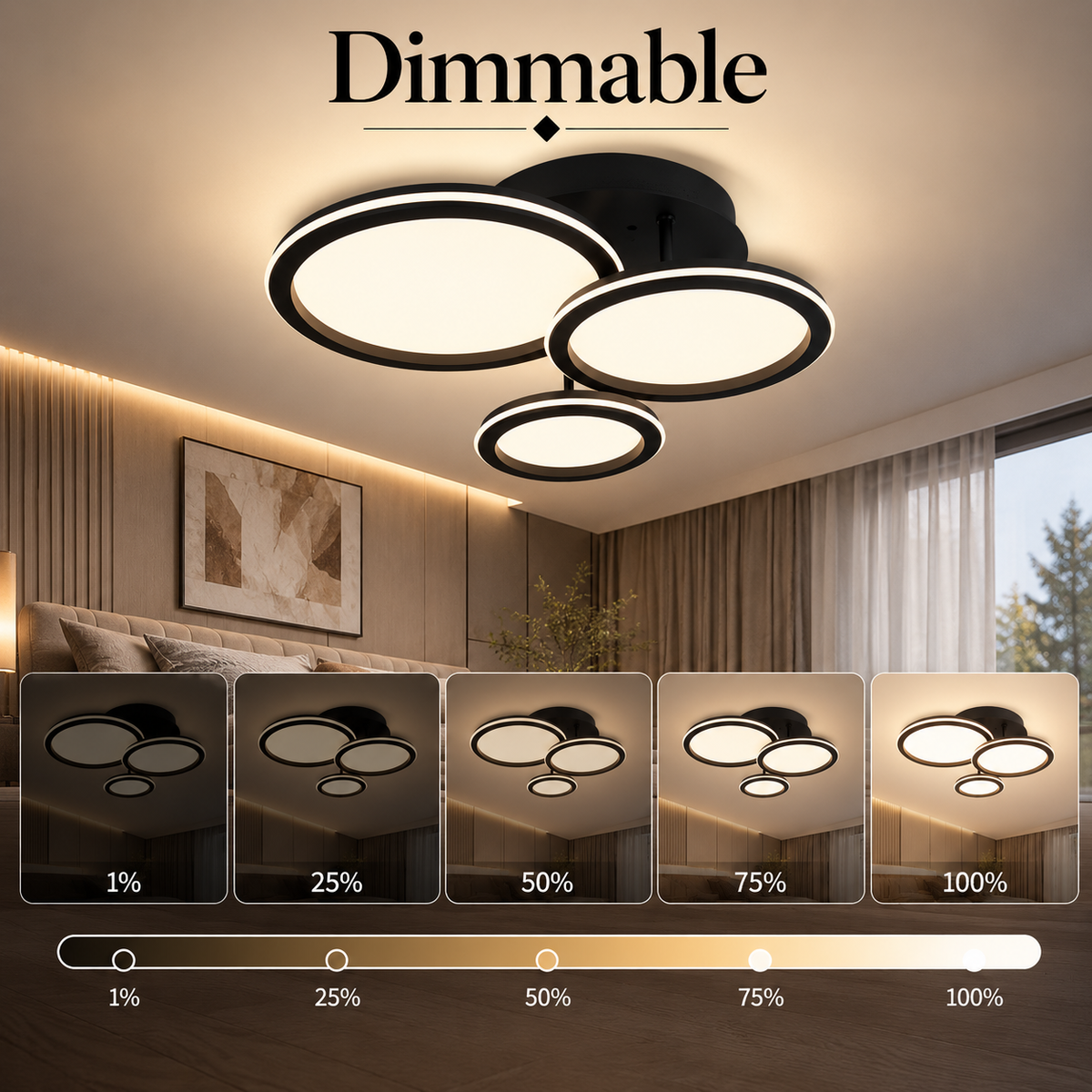 Plafonieră LED neagră dimabilă cu Wi-Fi și telecomandă, 5000 lm, 46×38 cm