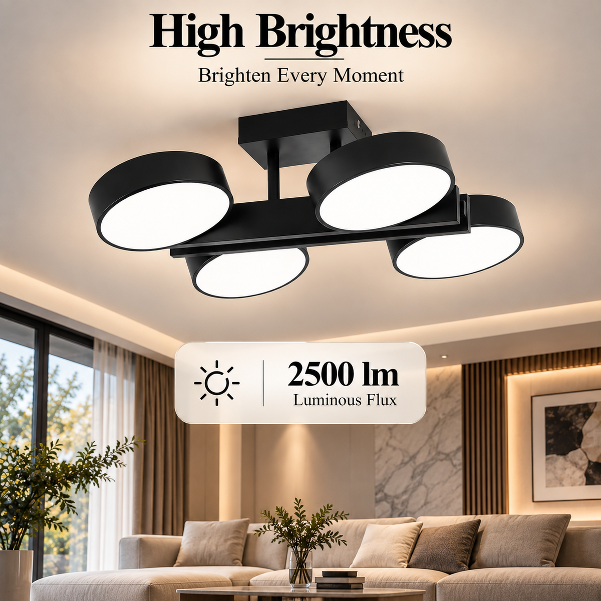 Plafonieră LED neagră 48 W, cu 4 surse, dimabilă și control Wi-Fi
