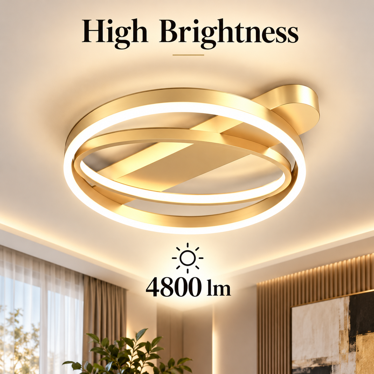 Plafonieră LED aurie, 2 inele, dimabilă, WiFi, telecomandă, 120 W