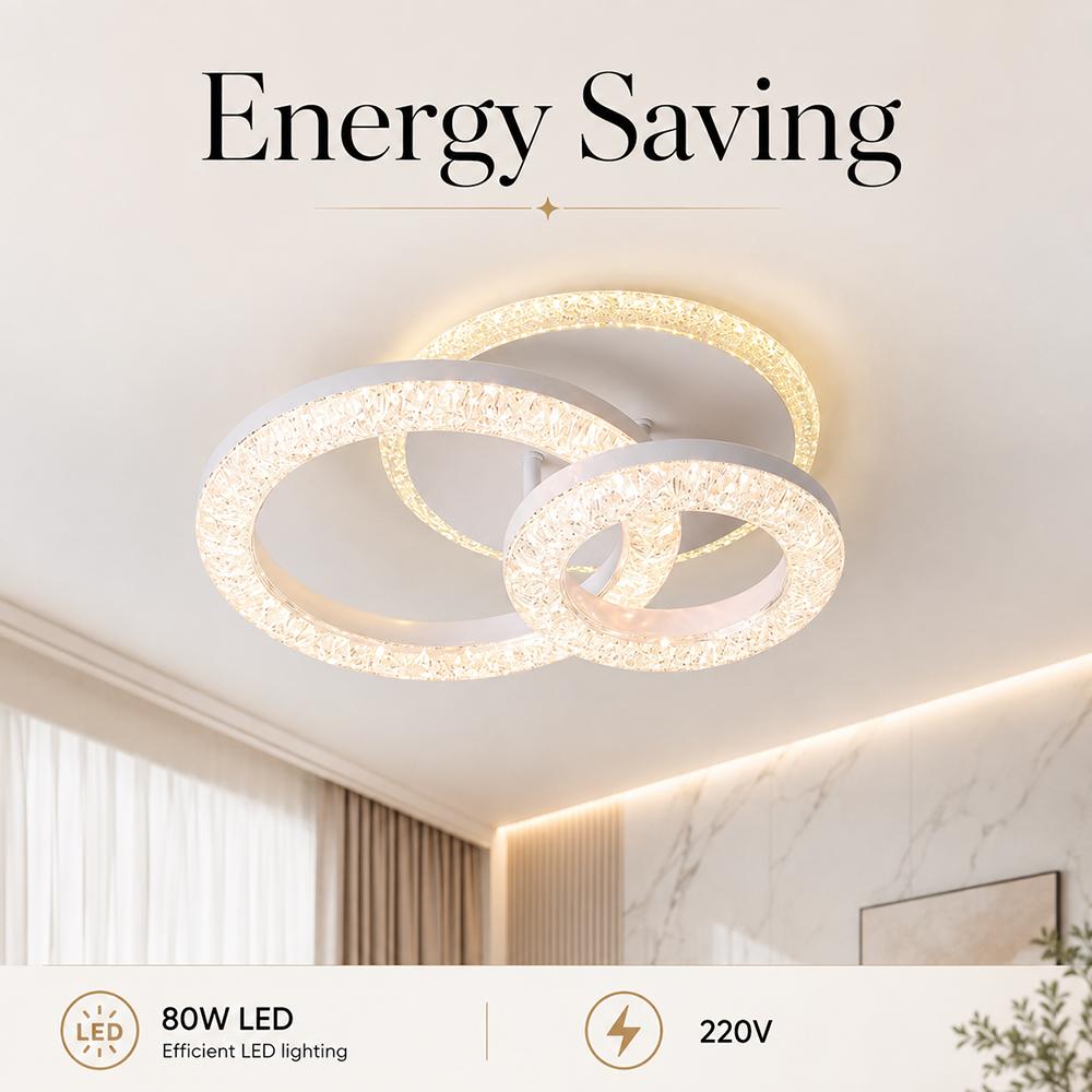 Plafonieră LED 80 W, 2 inele din cristal, dimabilă, Wi-Fi, telecomandă