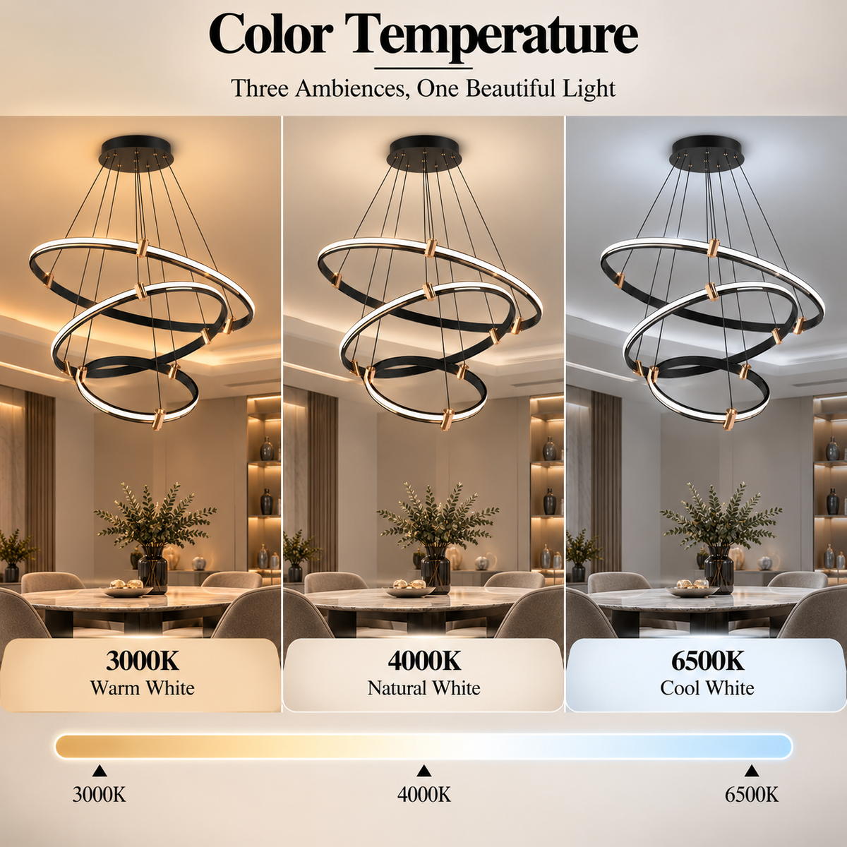 Candelabru LED negru cu 3 inele Ø40/60/80 cm, WiFi, telecomandă, reglabil