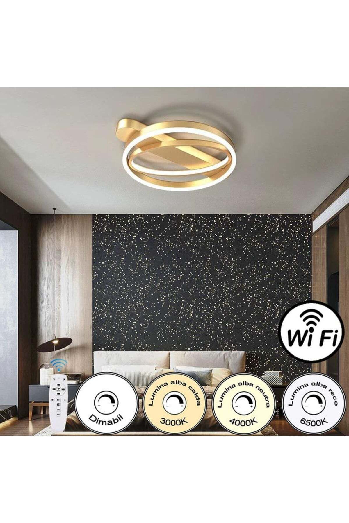 Plafonieră LED aurie, 2 inele, dimabilă, WiFi, telecomandă, 120 W