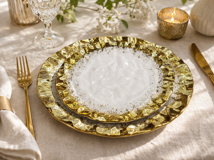 Farfurie 1224-14 decorativă alb cu margine aurie texturată, Ø20 cm