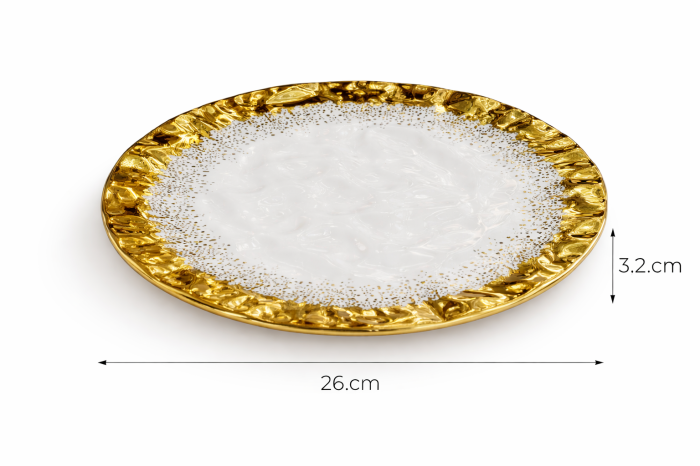 Farfurie 1224-15 decorativă alb cu margine aurie texturată, Ø26 cm