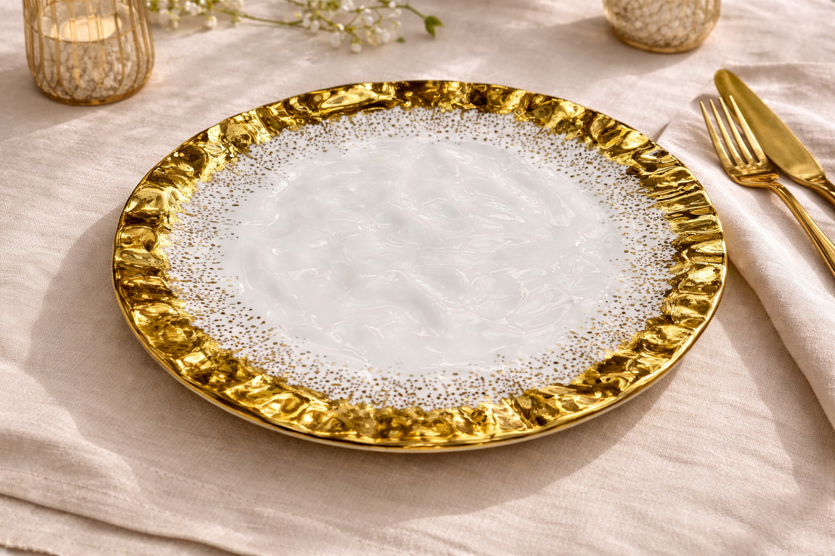 Farfurie 1224-15 decorativă alb cu margine aurie texturată, Ø26 cm
