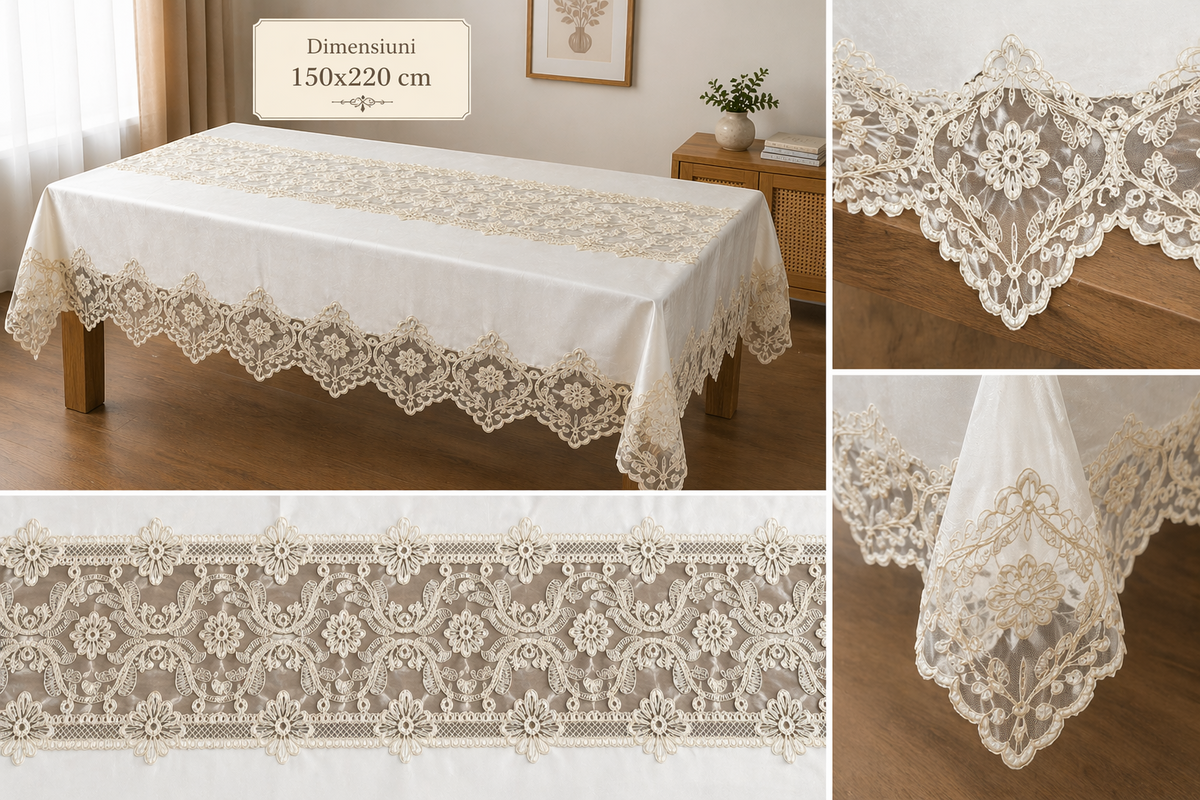 Față de masă 1606 crem ivory catifea brodată,model floral,150x220 cm