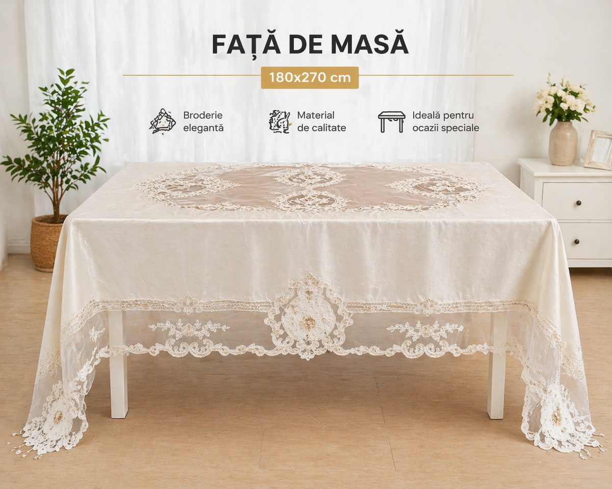 Față de masă 7788 crem catifea cu dantelă brodată și cristale decorative 180x270 cm