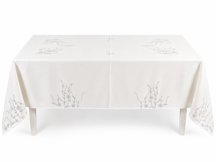 Față de masă 9078 albă textil brodată floral gri-argintiu 150x220 cm elegantă