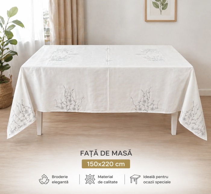 Față de masă 9078 albă textil brodată floral gri-argintiu 150x220 cm elegantă