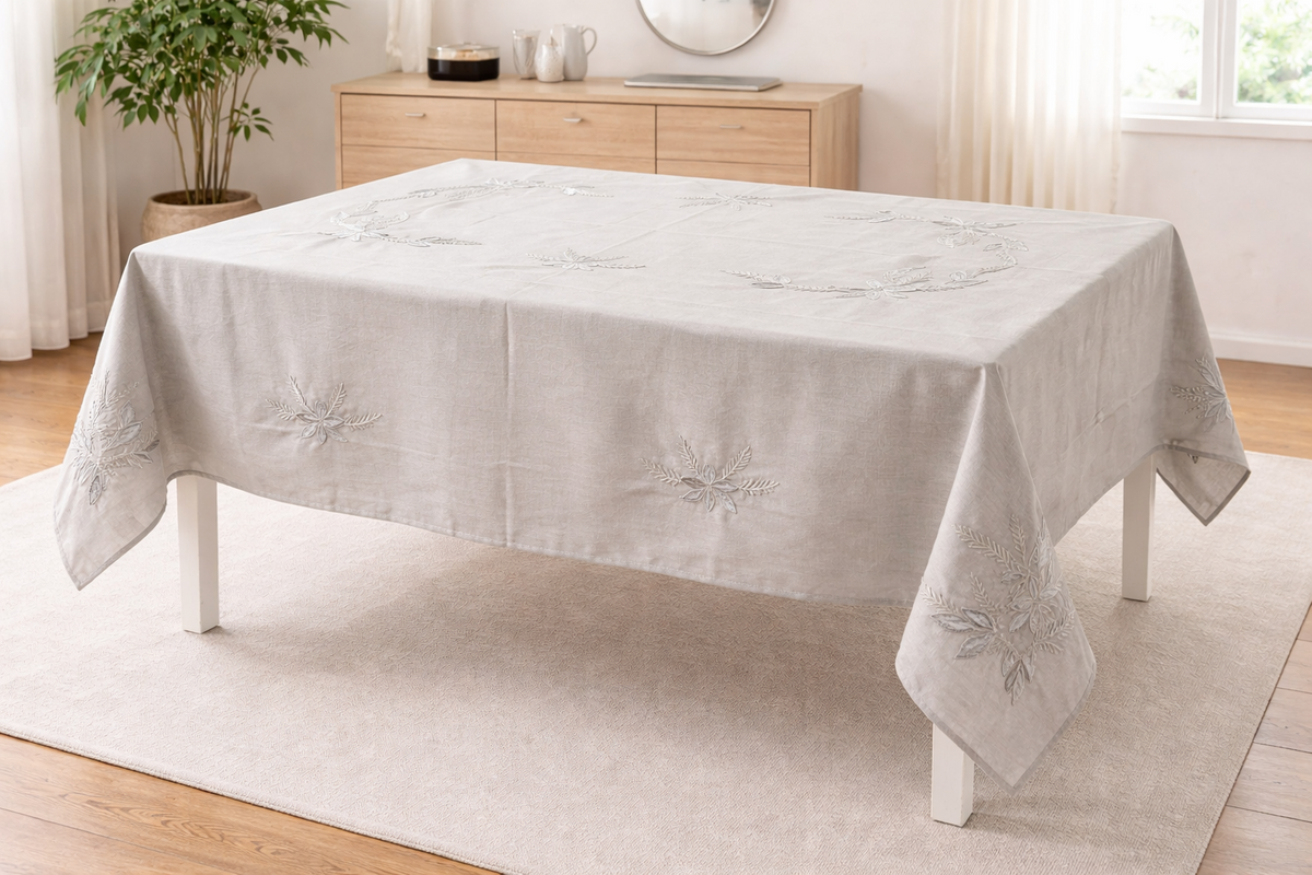 Față de masă 9085 gri textil broderie vegetală lucioasă 150x220 cm elegantă