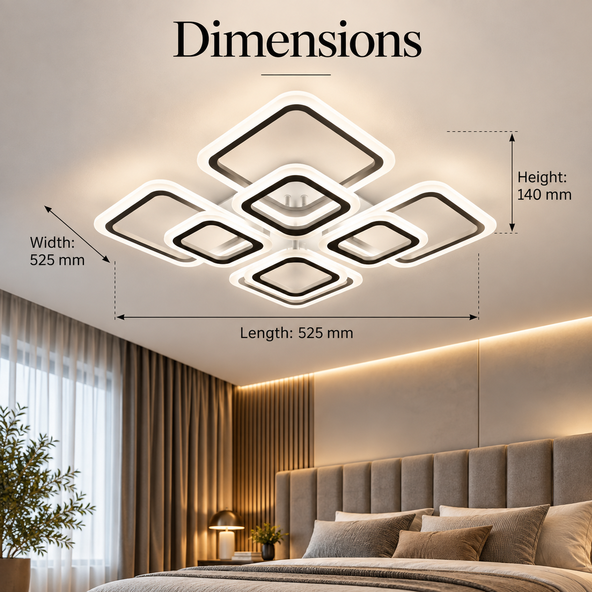 Plafonieră LED pătrată cu 8 lumini, dimabilă, telecomandă, 144 W, albă