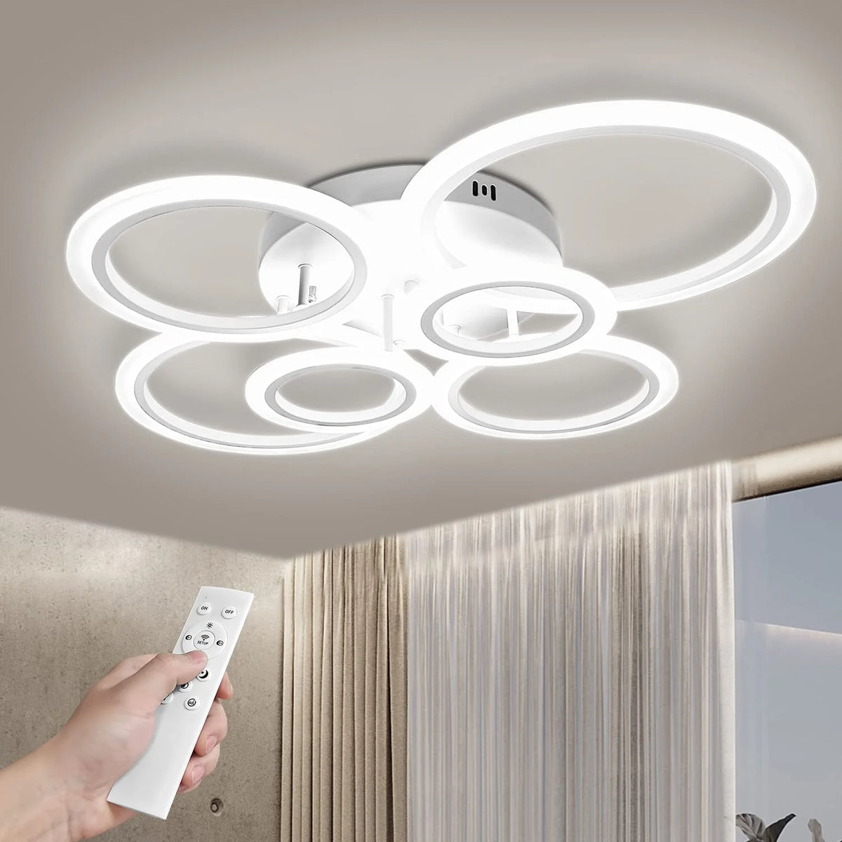 Plafonieră LED 160 W, 6 inele, albă, dimabilă, 3 culori, telecomandă