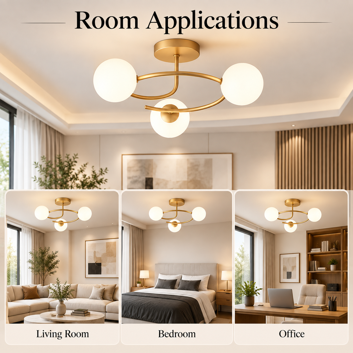 Lustră aurie cu 3 lumini pentru living, dormitor sau birou