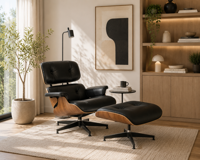 Fotoliu CF-16 Negru, piele ecologica și bază lemn laminat, ergonomic, cu taburet, 84x85-92x38/89 cm