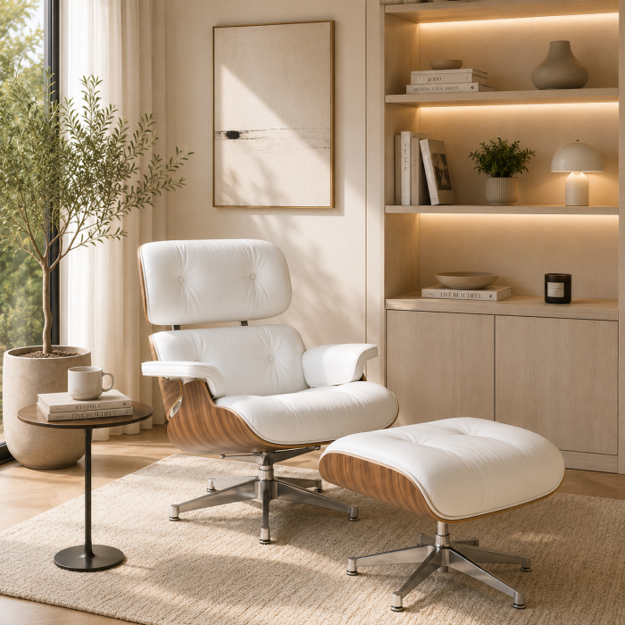 Fotoliu CF16 B Alb, piele ecologica și bază lemn laminat, ergonomic, cu taburet, 84x85-92x38/89 cm