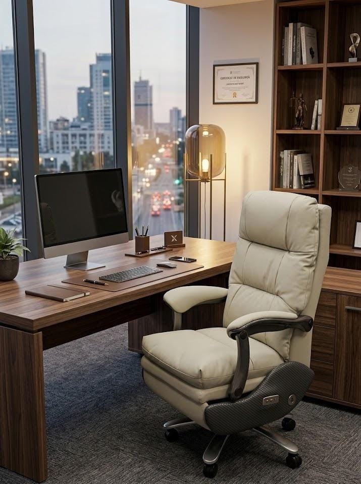 Fotoliu directorial ergonomic A 529 bej, piele ecologică, suport picioare retractabil și reglaj electric, 120 cm