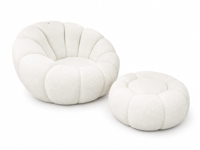 Fotoliu Floare alb cu taburet, teddy bouclé, pivotant