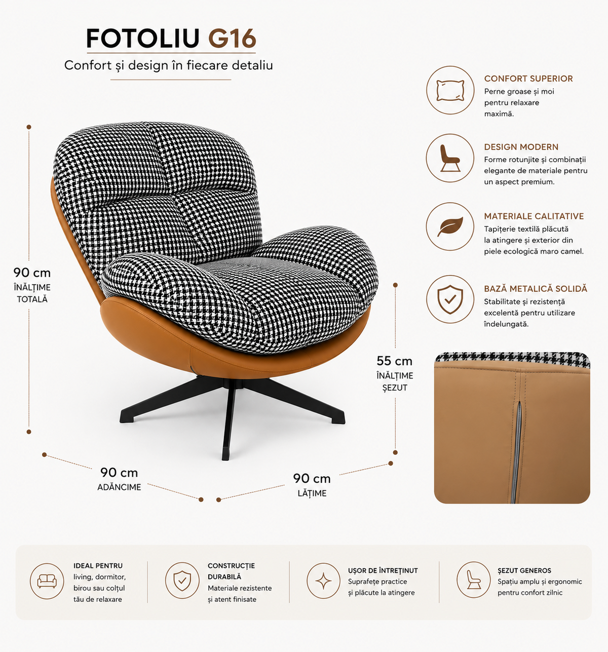 Fotoliu Modern G16 cu Husă Detașabilă, Tapițerie Textilă Alb-Negru și Exterior din Piele Ecologică Maro Camel
