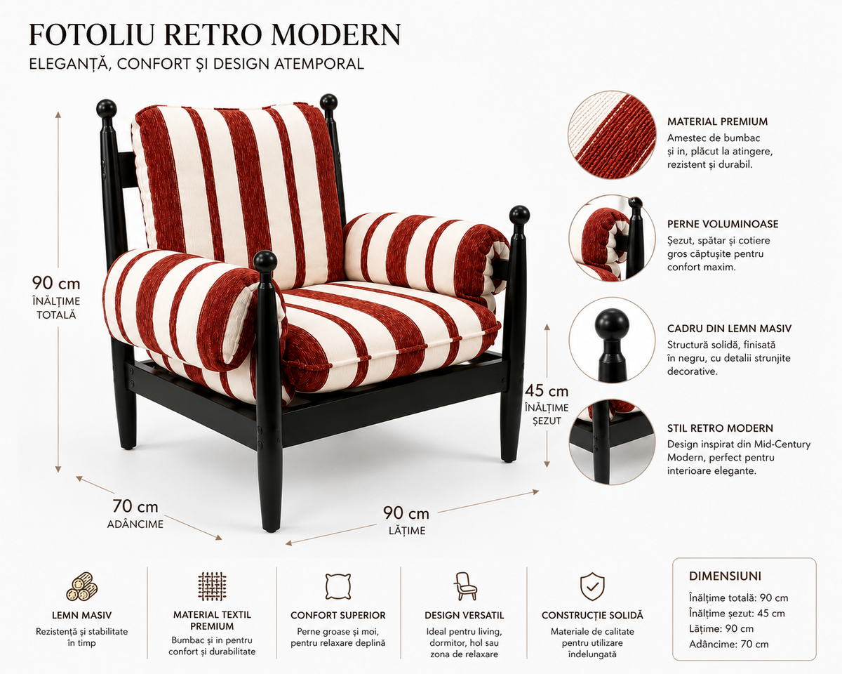 Fotoliu Retro Modern din Lemn Masiv Negru și Tapițerie Textilă cu Dungi Roșu Cărămiziu și Crem
