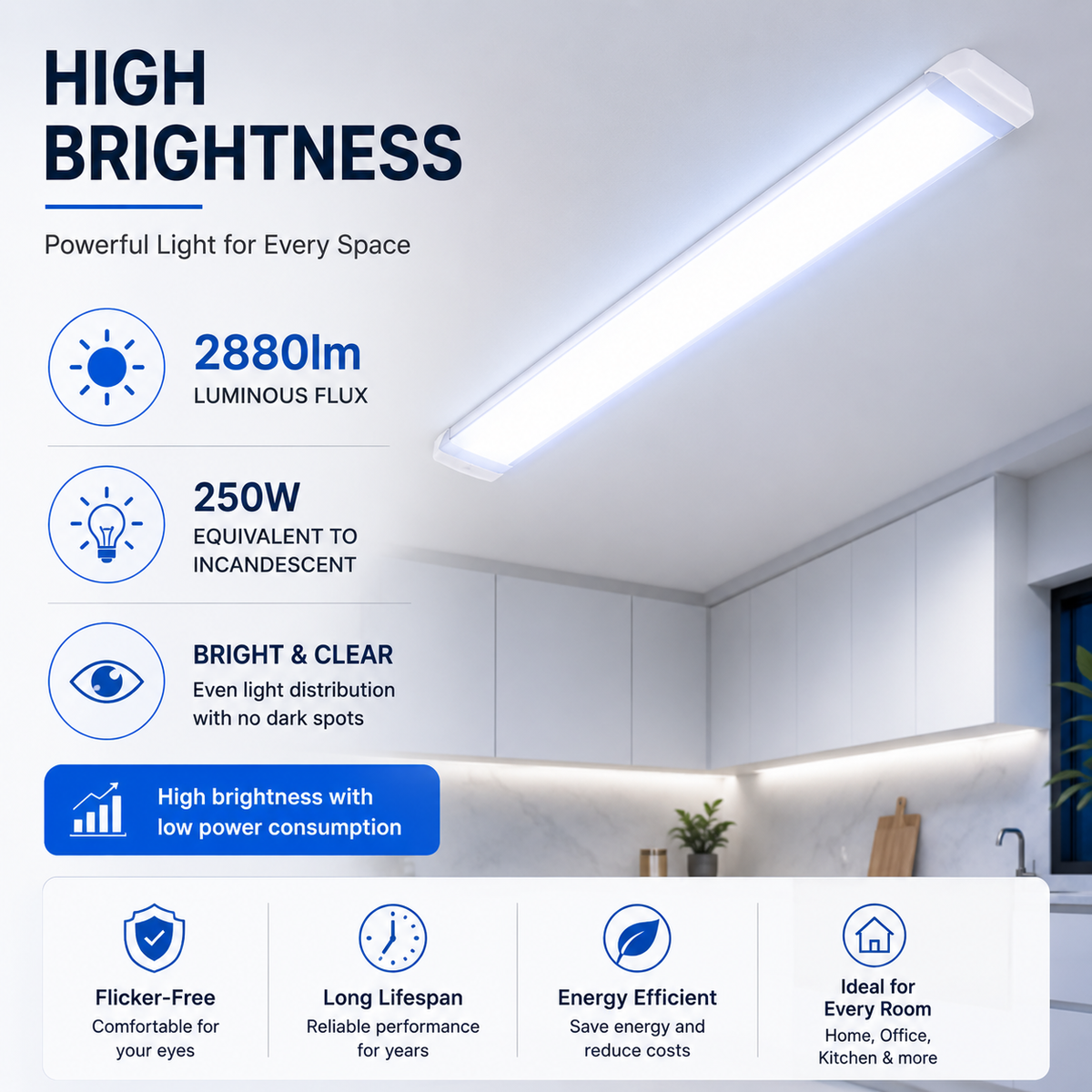 Plafonieră LED FIDA, 36 W, 2880 lm, 1,2 m, albă