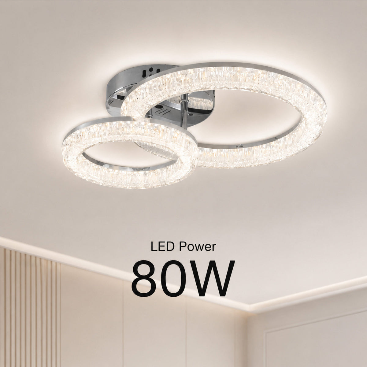 Plafonieră LED 80 W, 2 inele, dimabilă, 3 moduri, telecomandă, crom