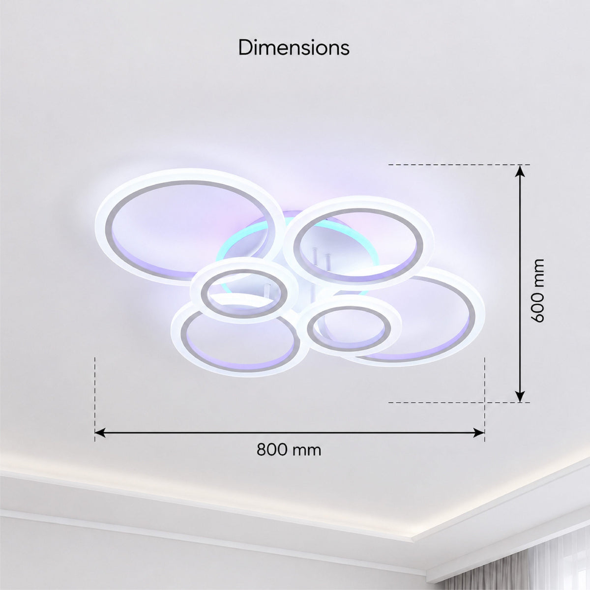 Plafonieră LED RGB cu 6 inele, dimabilă, cu telecomandă, 6500 lm, 80 × 60 cm