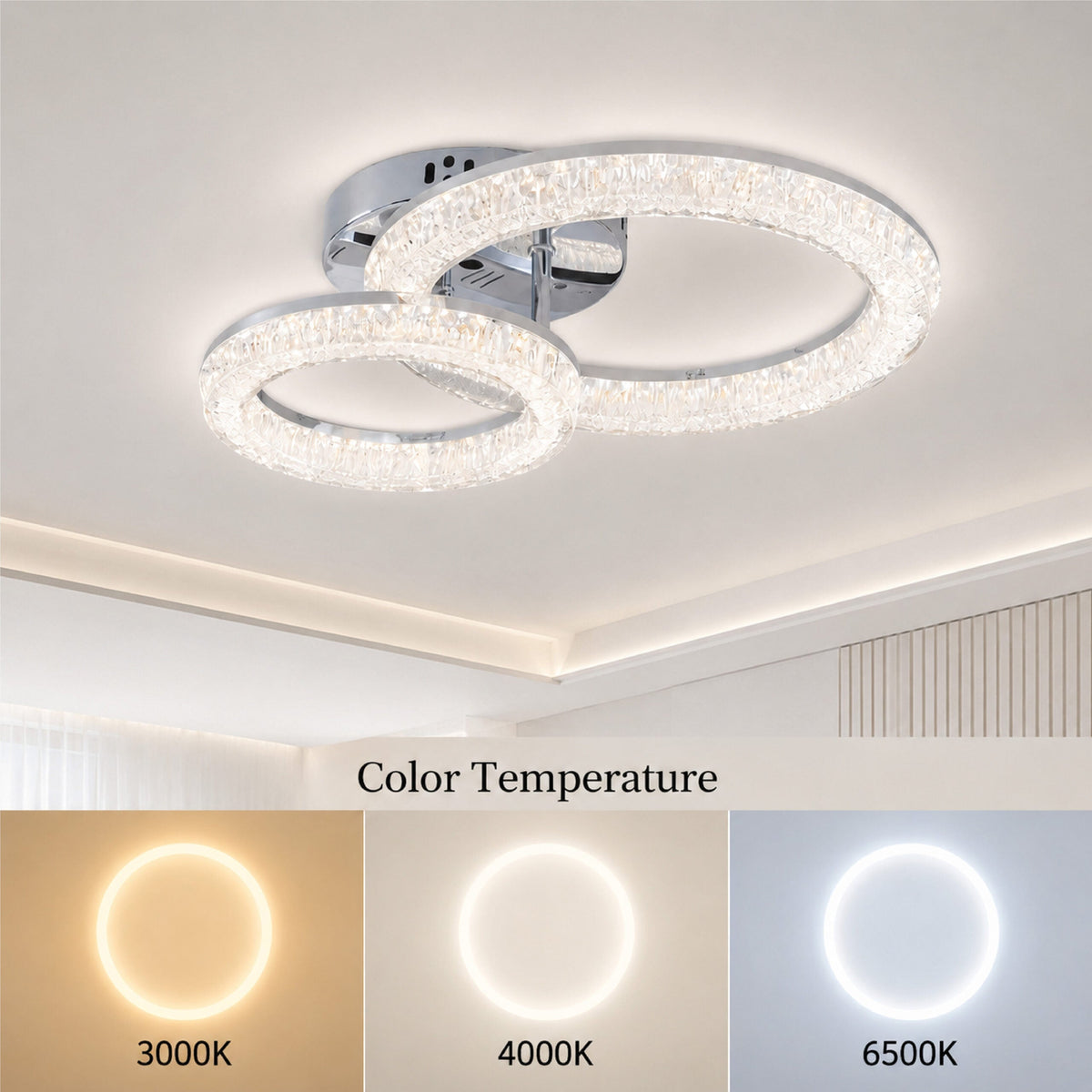 Plafonieră LED 80 W, 2 inele, dimabilă, 3 moduri, telecomandă, crom