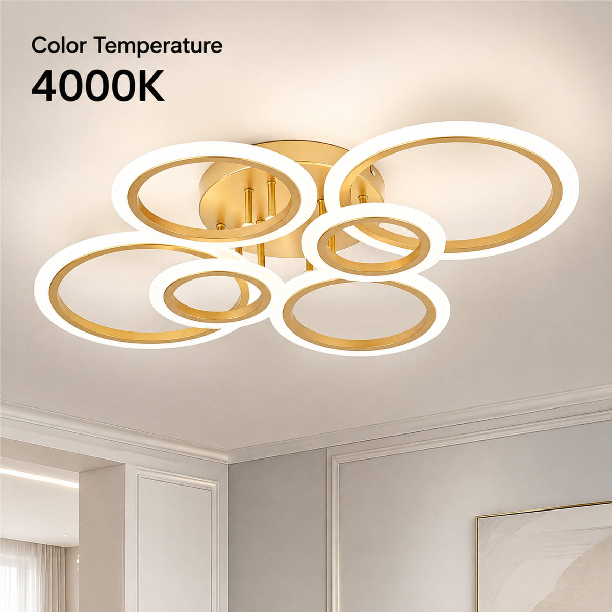 Plafonieră LED aurie, 6 inele, 100 W, 5300 lm, dimabilă, cu telecomandă