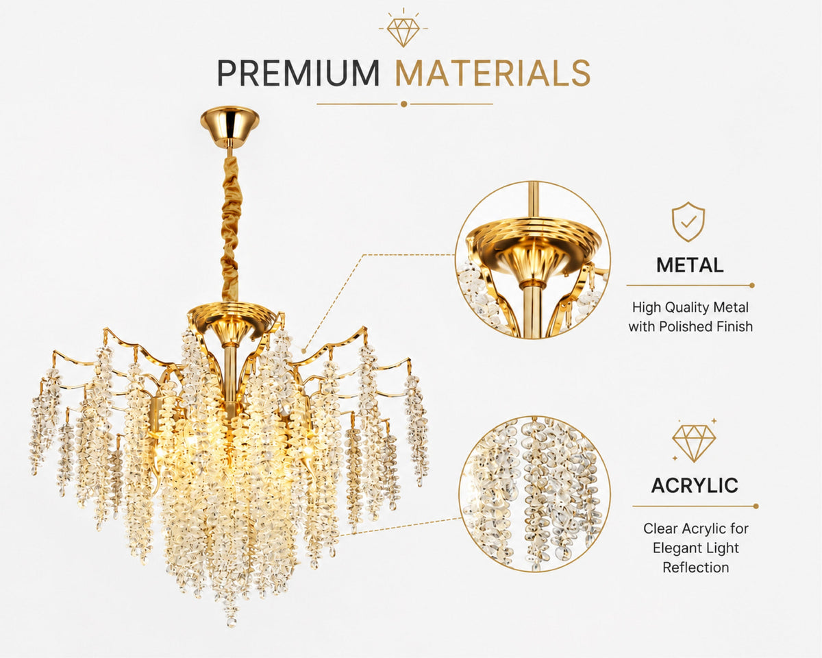 Candelabru auriu din metal și cristal, 7 x E14, Ø50 x 100 cm
