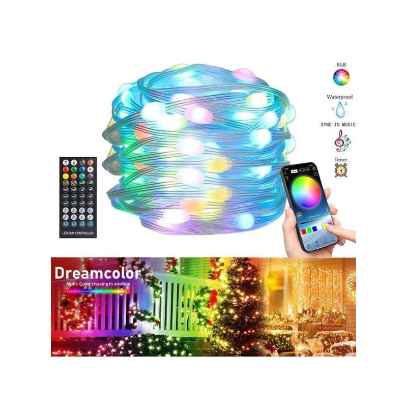 Ghirlandă LED RGB 5 m, IP65, USB 5 V, telecomandă și aplicație