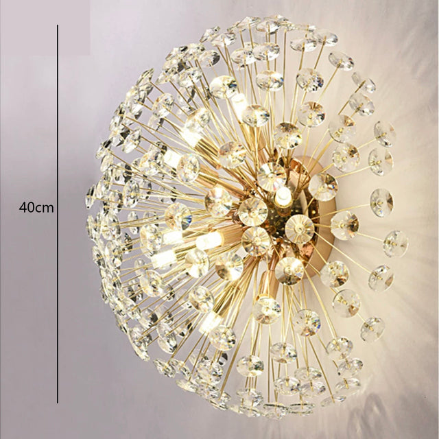 Candelabru de plafon auriu cu cristale, design păpădie