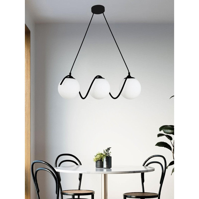 Lustră cu 3 globuri, alb mat, metal și acril, E27, 60 × 15 × 100 cm