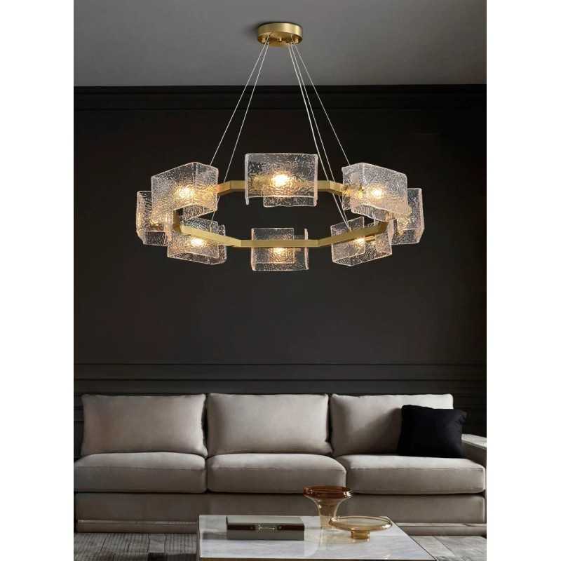 Plafonieră modernă aurie din metal și sticlă, 8 x E14, Ø85 cm