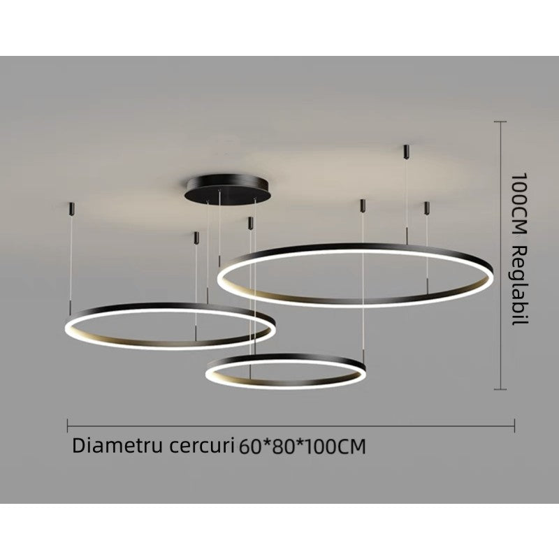 Lustră LED neagră cu 3 cercuri, 102 W, dimabilă, control Wi-Fi