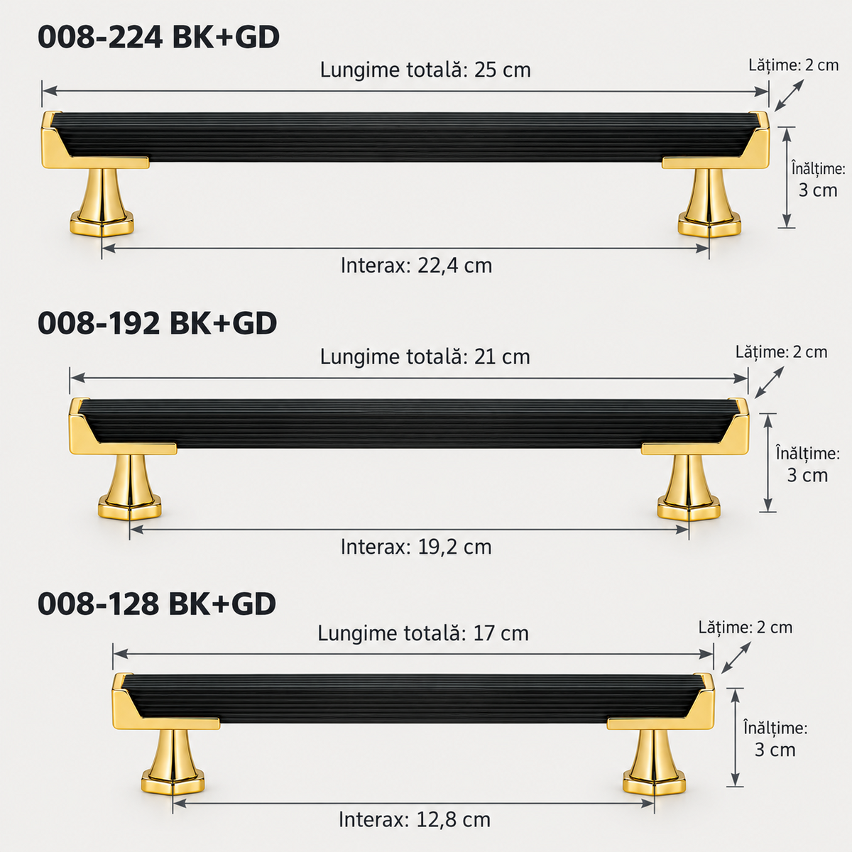 Mâner mobilă 008 BK+GD din plastic, negru cu auriu, formă liniară texturată, interax 128–224 mm
