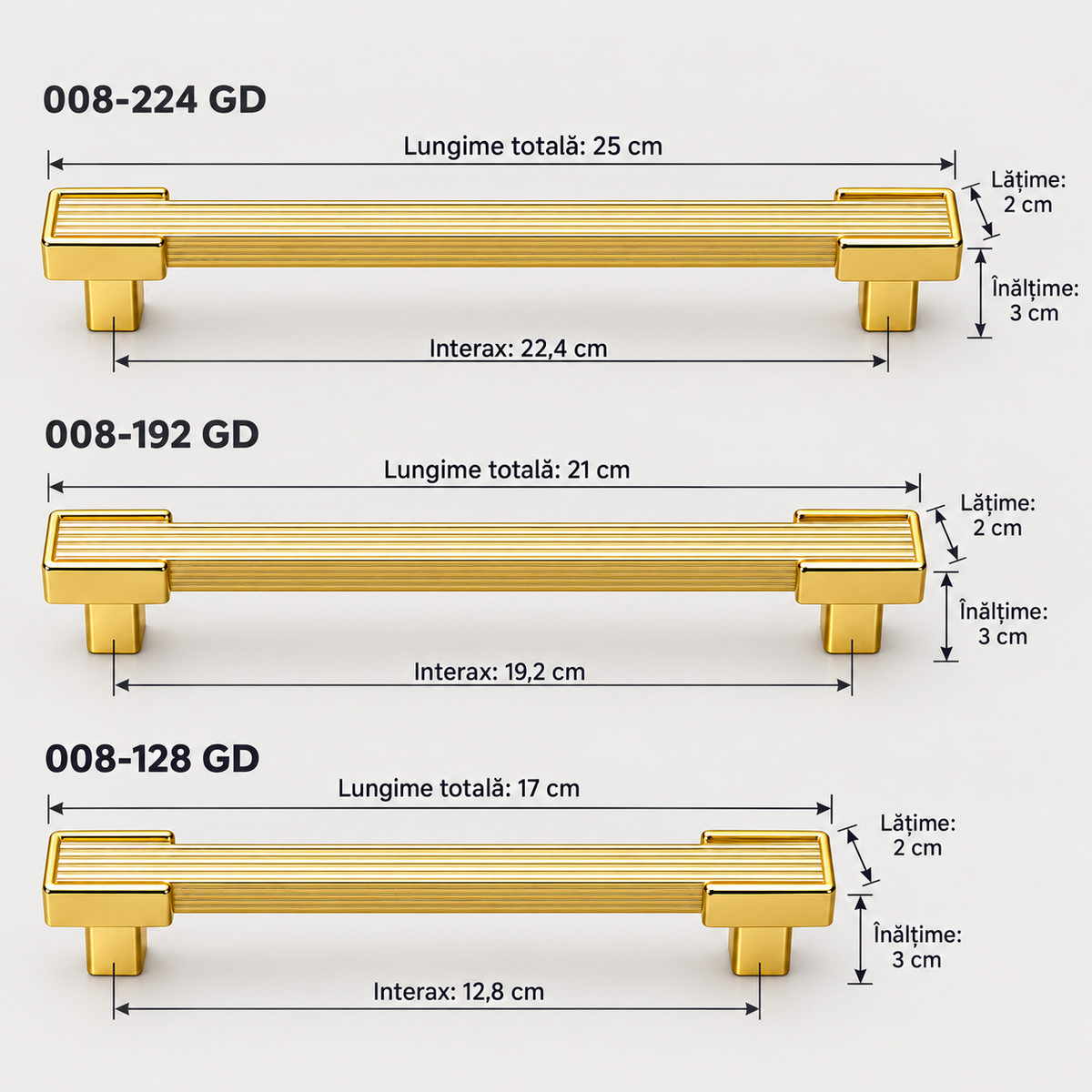 Mâner mobilă 008 GD din plastic, auriu, formă liniară texturată, interax 128–224 mm