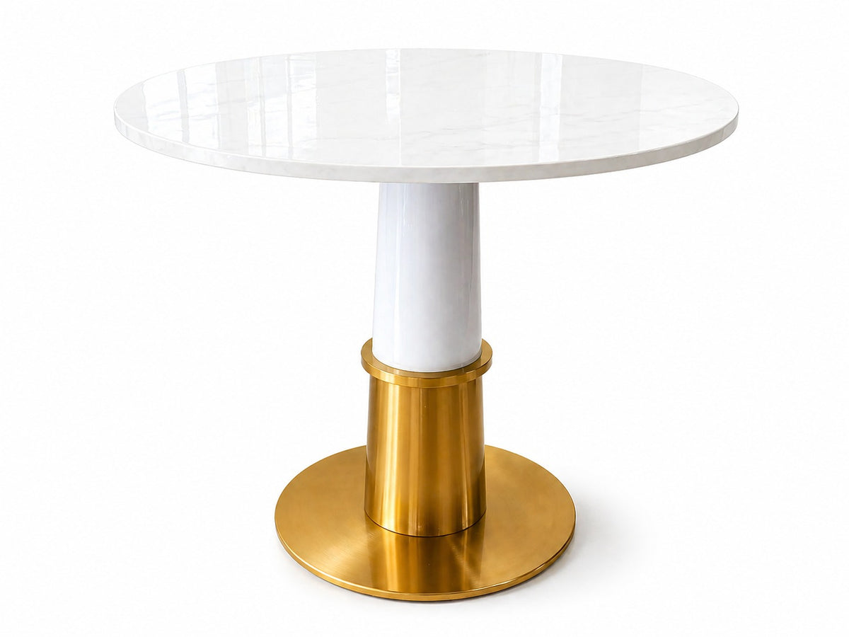 Masă 072 blat marmură albă sinterizată, picior central alb-auriu, rotundă elegantă 80/100 cm