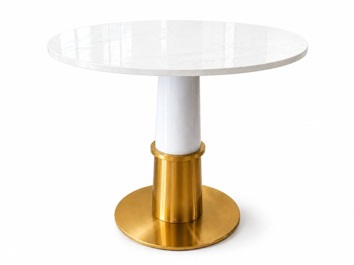 Masă 072 blat marmură albă sinterizată, picior central alb-auriu, rotundă elegantă 80/100 cm