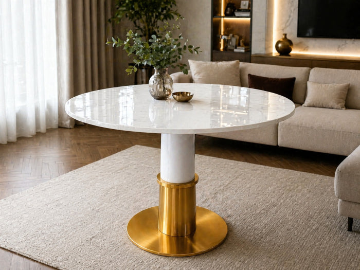 Masă 072 blat marmură albă sinterizată, picior central alb-auriu, rotundă elegantă 80/100 cm