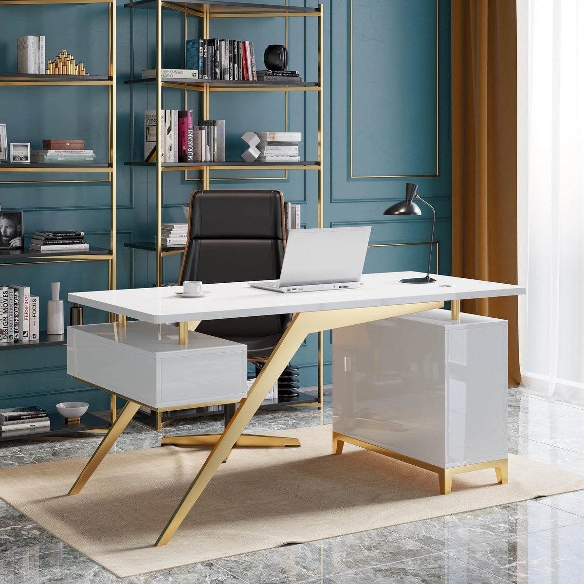 Birou 807 Alb, MDF lucios și picioare metal aurii, 160x70x75 cm / 180x70x75 cm